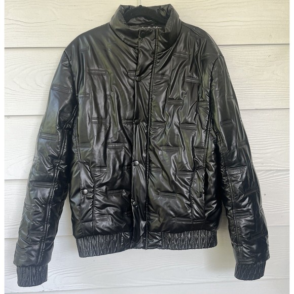 Fried Denim NYC New York Black Puffer Winter Bomber Snap Button Jacket Large - Picture 1 of 9